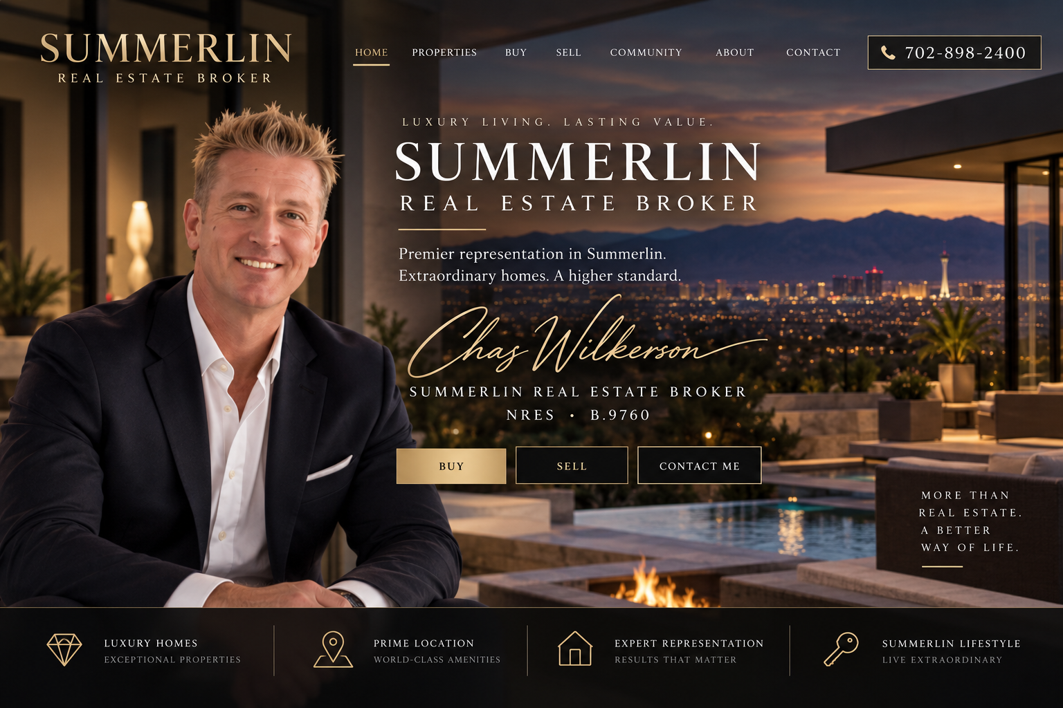Chas Wilkerson, Summerlin Real Estate Broker, with a luxury Summerlin real estate backdrop